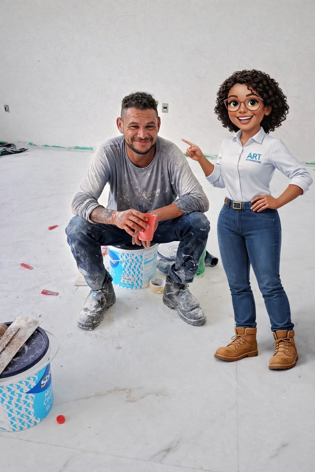 Pintor da ART Pinturas sentado em balde de tinta ao lado de personagem 3D da marca